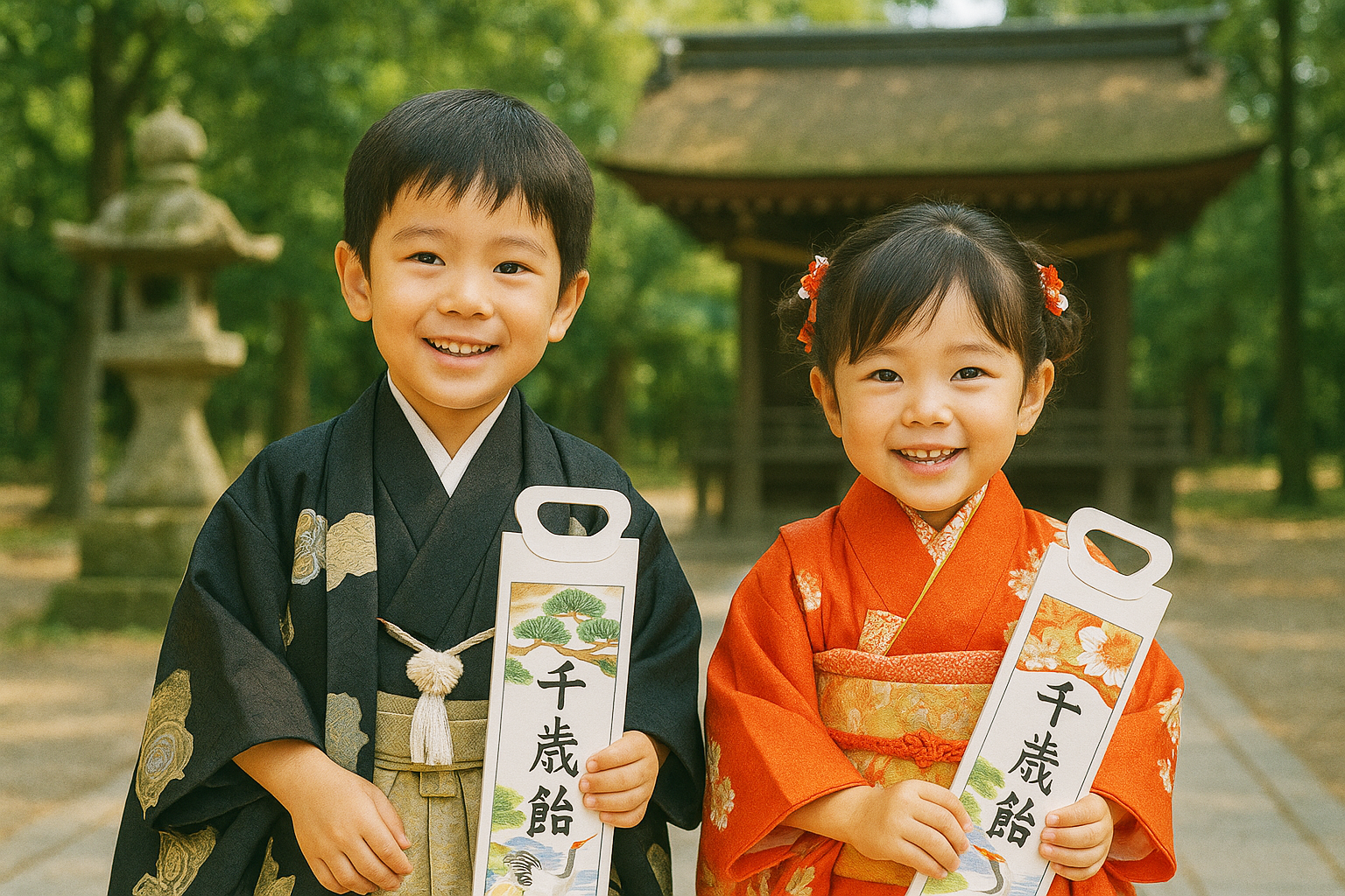 着物を着て七五三詣をしている男の子と女の子