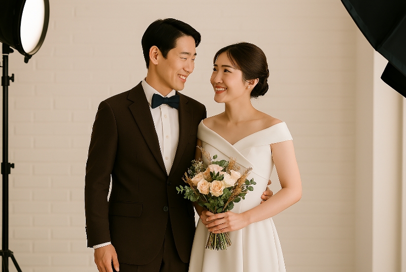 新郎と新婦が笑顔で見つめ合っている、フォトウェディング